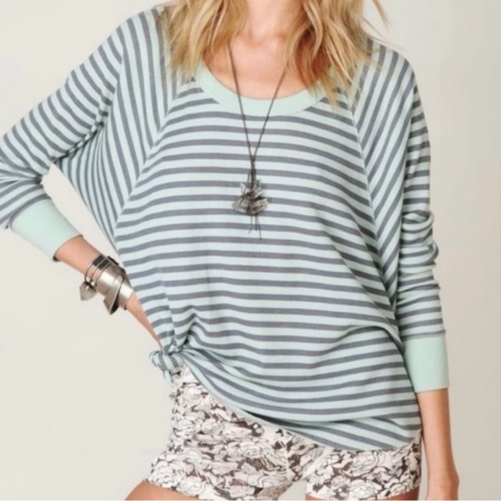 We The Free Love Bug Thermal Mint and Gray Striped Long Sleeve Tee